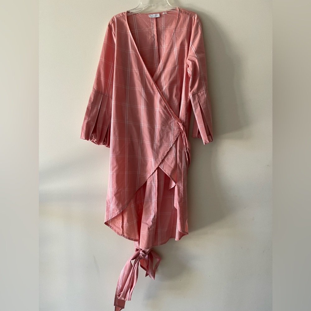 New York & Co Pink Plaid Side-tie Asymmetrical Tunic Blouse